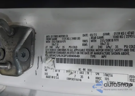 2015 Ford Escape Titanium z USA, uszkodzony, nr VIN 1FMCU9JX2FUB90849